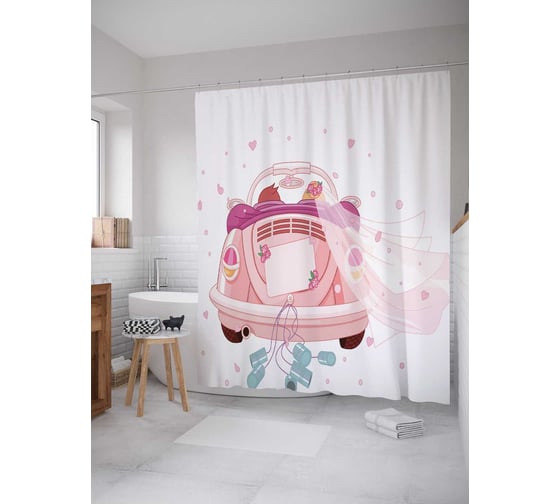 Штора (занавеска) для ванной JoyArty "Авто с молодоженами" из сатена, 180х200 см с крючками, sc_35166 1