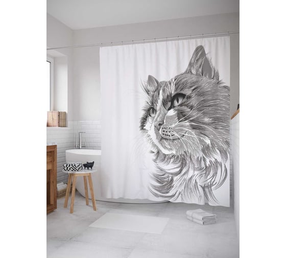 Штора (занавеска) для ванной JoyArty "Эскизный портрет кота" из сатена, 180х200 см с крючками, sc_36654 1