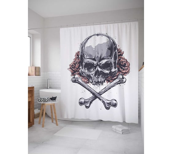 Штора (занавеска) для ванной JoyArty "Череп в розах" из сатена, 180х200 см с крючками, sc_9759 1