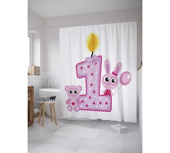 Штора (занавеска) для ванной JoyArty "Поздравление от зверюшек для девочки" из сатена, 180х200 см с крючками, sc_35010 1