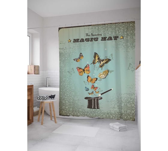 Штора (занавеска) для ванной JoyArty "Волшебная шляпа" из сатена, 180х200 см с крючками, sc_3397 1