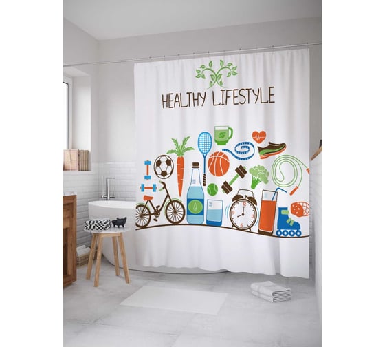 Штора (занавеска) для ванной JoyArty "Здоровые привычки" из сатена, 180х200 см с крючками, sc_36968 1