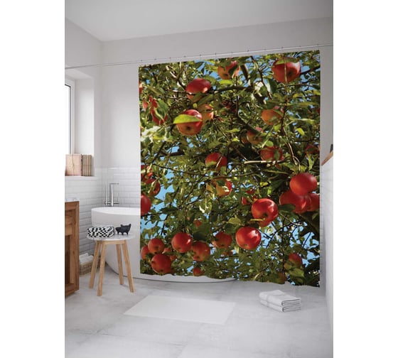 Штора (занавеска) для ванной JoyArty "Урожай яблок" из сатена, 180х200 см с крючками, sc_7458 1