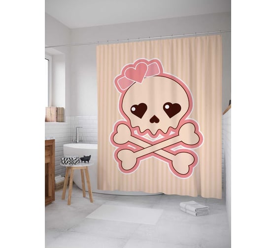 Штора (занавеска) для ванной JoyArty "Милый череп с сердцами" из сатена, 180х200 см с крючками, sc_9763 1