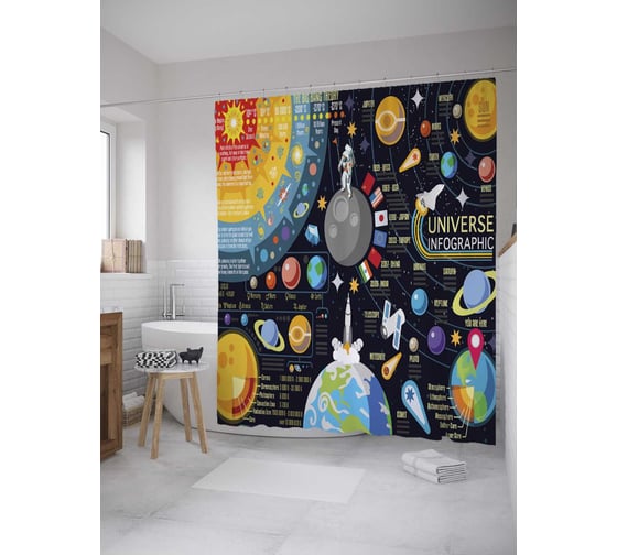 Штора (занавеска) для ванной JoyArty "Космос и астрономия" из сатена, 180х200 см с крючками, sc_9884 1