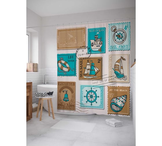 Штора (занавеска) для ванной JoyArty "Почтовые марки в порту" из сатена, 180х200 см с крючками, sc_4274 1