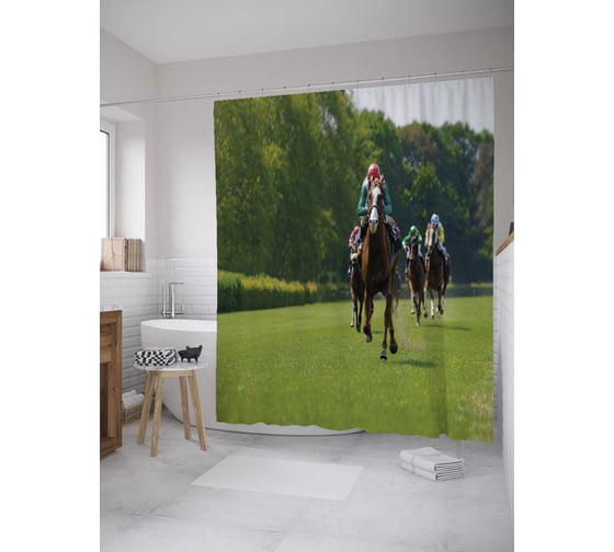 Штора (занавеска) для ванной JoyArty "Лошадиные бега" из сатена, 180х200 см с крючками, sc_36359 1