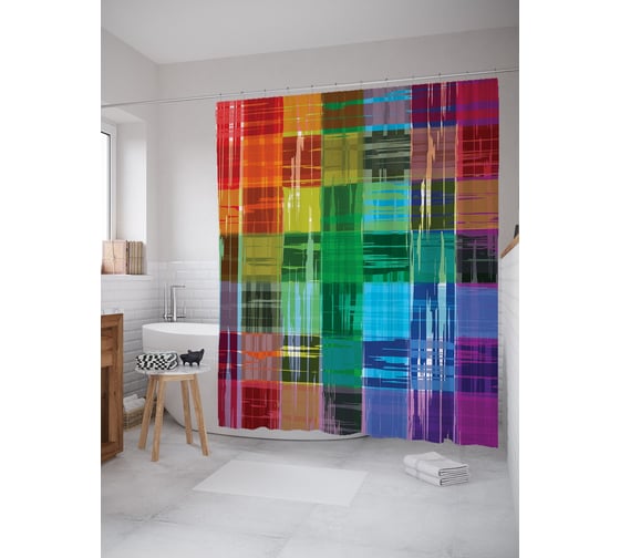 Штора (занавеска) для ванной JoyArty "Радужная клетка" из сатена, 180х200 см с крючками, sc_63034 1