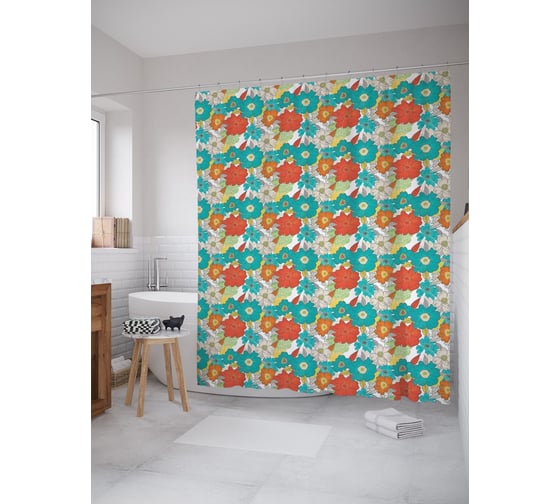 Штора (занавеска) для ванной JoyArty "Разноцветная поляна" из сатена, 180х200 см с крючками, sc_63245 1