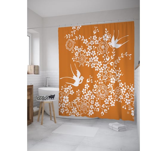 Штора (занавеска) для ванной JoyArty "Ласточки у цветов" из сатена, 180х200 см с крючками, sc_62002 1