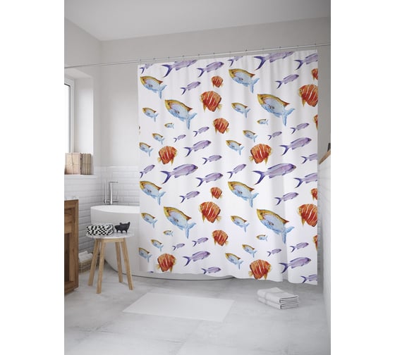 Штора (занавеска) для ванной JoyArty "Морские рыбы" из сатена, 180х200 см с крючками, sc_55055 1