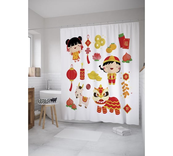 Штора (занавеска) для ванной JoyArty "Артефакты китайского нового года" из сатена, 180х200 см с крючками, sc_59904 1