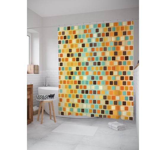 Штора (занавеска) для ванной JoyArty "Квадратная мозаика" из сатена, 180х200 см с крючками, sc_64319 1