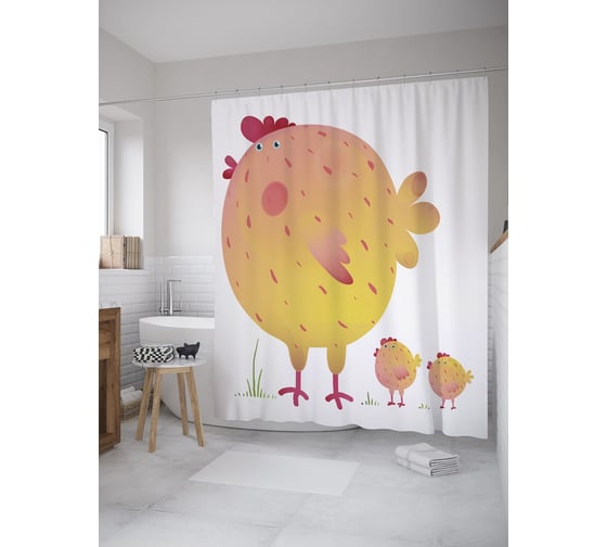 Штора (занавеска) для ванной JoyArty "Большая курица и цыплята" из сатена, 180х200 см с крючками, sc_60472 1