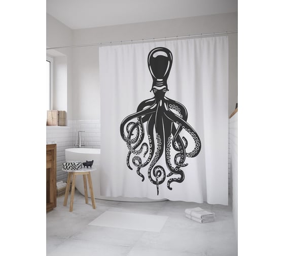 Штора (занавеска) для ванной JoyArty "Грозный осьминог" из сатена, 180х200 см с крючками, sc_61413 1