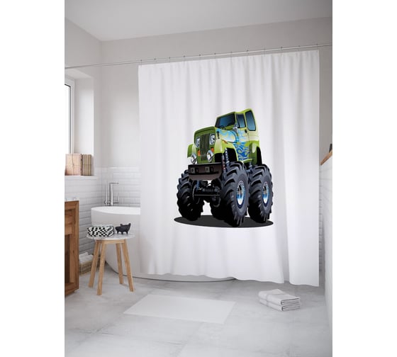 Штора (занавеска) для ванной JoyArty "Джип на больших колесах" из сатена, 180х200 см с крючками, sc_53693 1