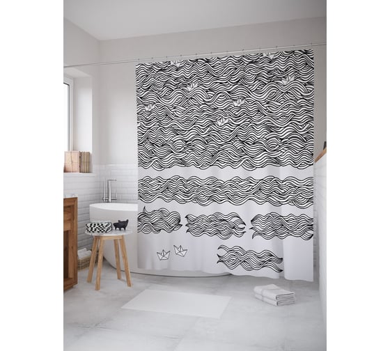 Штора (занавеска) для ванной JoyArty "Бумажные кораблики" из сатена, 180х200 см с крючками, sc_63732 1