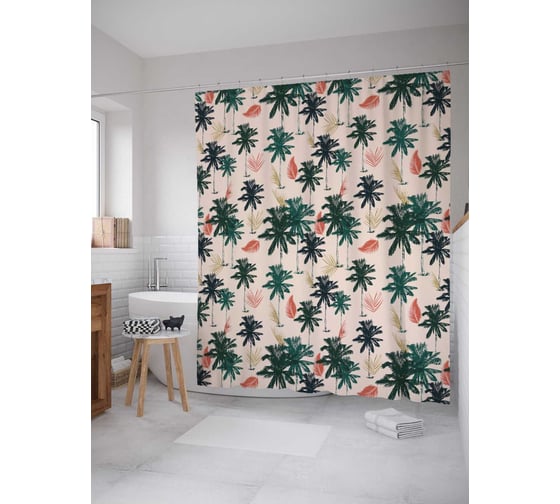 Штора (занавеска) для ванной JoyArty "Тропические растения" из сатена, 180х200 см с крючками, sc_58071 1