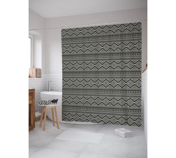 Штора (занавеска) для ванной JoyArty "Монохромный этнический орнамент" из сатена, 180х200 см с крючками, sc_63053