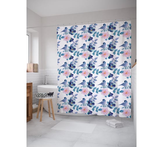Штора (занавеска) для ванной JoyArty "Акварельная птичка на цветах" из сатена, 180х200 см с крючками, sc_63409 1