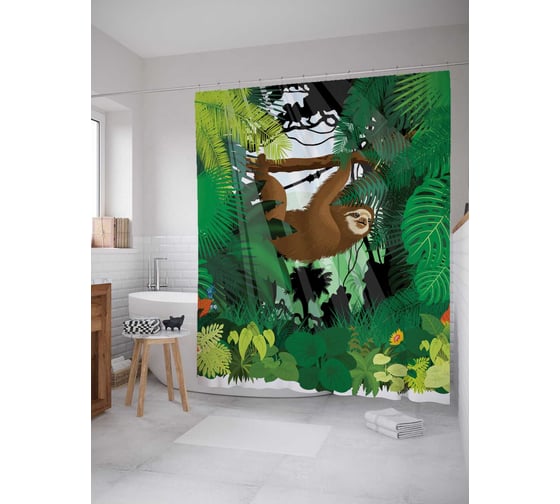 Штора (занавеска) для ванной JoyArty "Ленивец в зарослях" из сатена, 180х200 см с крючками, sc_37873 1