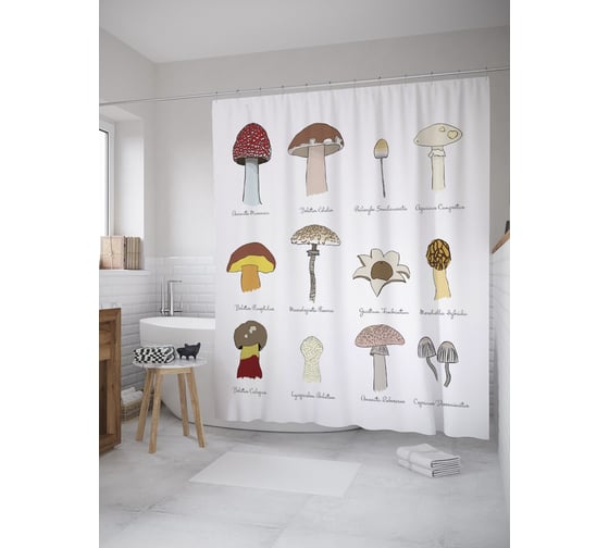 Штора (занавеска) для ванной JoyArty "Разнообразие грибов" из сатена, 180х200 см с крючками, sc_59616 1