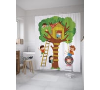 Штора (занавеска) для ванной JoyArty "Детский домик на дереве" из сатена, 180х200 см с крючками, sc_60651