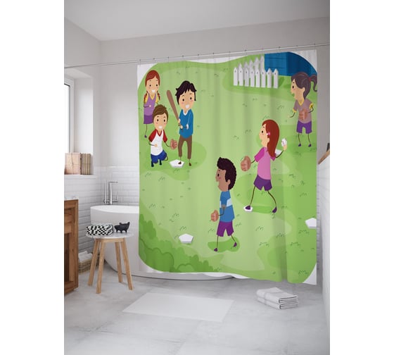 Штора (занавеска) для ванной JoyArty "Дети играют в бейсбол" из сатена, 180х200 см с крючками, sc_63771 1