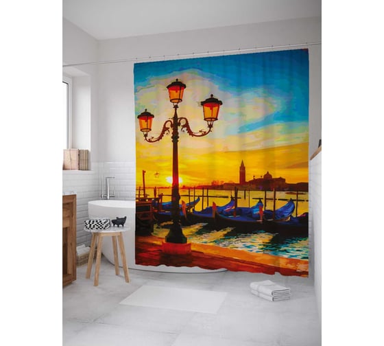Штора (занавеска) для ванной JoyArty "Набережная венеции" из сатена, 180х200 см с крючками, sc_37894 1