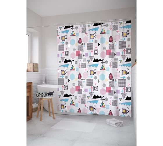Штора (занавеска) для ванной JoyArty "Геометрический хаос" из сатена, 180х200 см с крючками, sc_58440 1