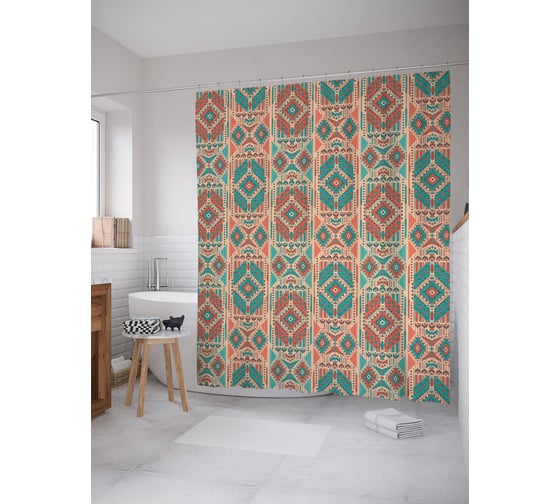 Штора (занавеска) для ванной JoyArty "Этнический паттерн" из сатена, 180х200 см с крючками, sc_58498 1