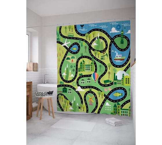 Штора (занавеска) для ванной JoyArty "Карта автопутешественника" из сатена, 180х200 см с крючками, sc_54128 1
