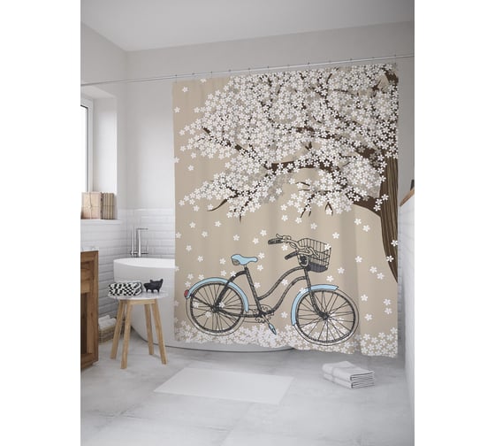 Штора (занавеска) для ванной JoyArty "Цветение дерева" из сатена, 180х200 см с крючками, sc_61463 1