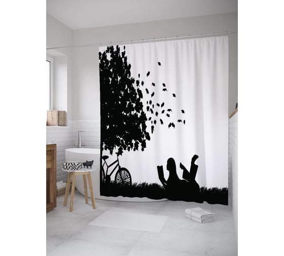 Штора (занавеска) для ванной JoyArty "С книгой на природе" из сатена, 180х200 см с крючками, sc_61464