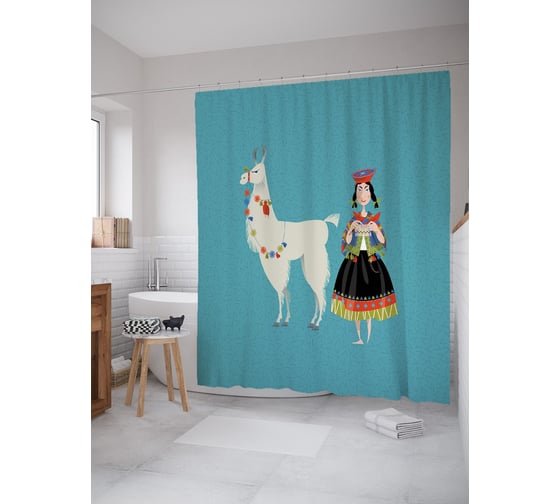 Штора (занавеска) для ванной JoyArty "Девушка и лама" из сатена, 180х200 см с крючками, sc_53961 1