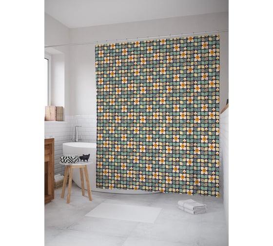 Штора (занавеска) для ванной JoyArty "Геометрические цветочные лианы" из сатена, 180х200 см с крючками, sc_64372 1