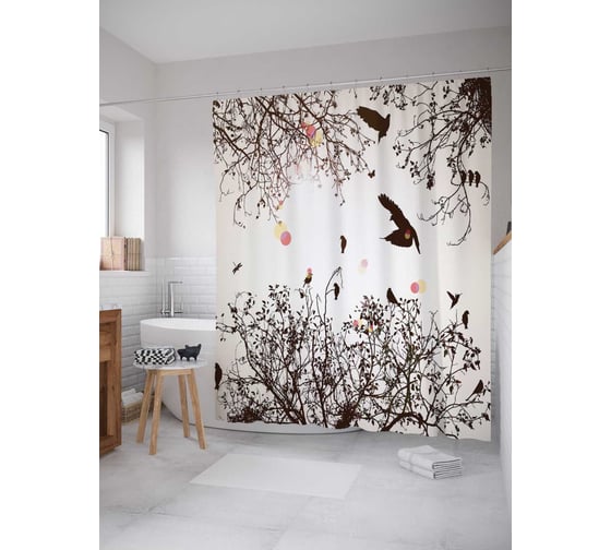 Штора (занавеска) для ванной JoyArty "Птичий район" из сатена, 180х200 см с крючками, sc_6951 1
