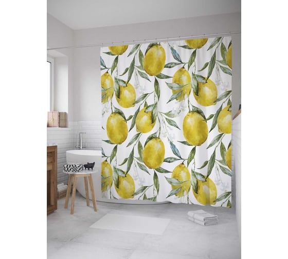 Штора (занавеска) для ванной JoyArty "Ветви лимона" из сатена, 180х200 см с крючками, sc_31934 1