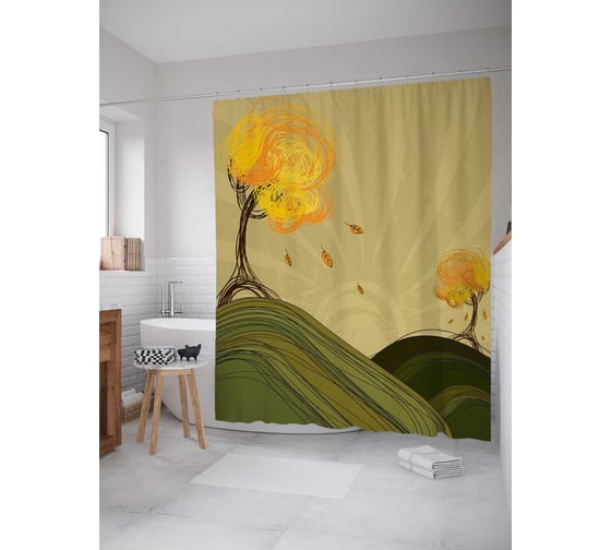 Штора (занавеска) для ванной JoyArty "Сказочные холмы" из сатена, 180х200 см с крючками, sc_6981 1