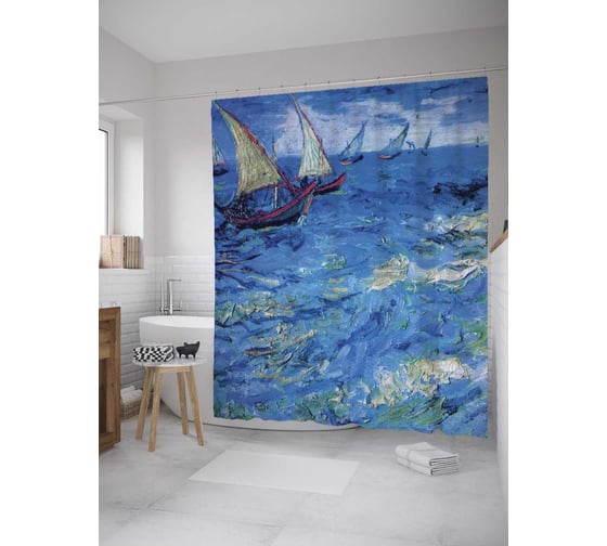 Штора (занавеска) для ванной JoyArty "Море" из сатена, 180х200 см с крючками, sc_7907 1