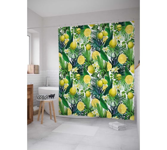Штора (занавеска) для ванной JoyArty "Лимоны и тропики" из сатена, 180х200 см с крючками, sc_31935 1
