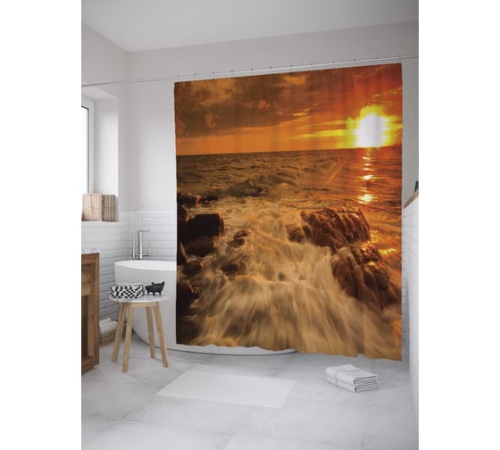 Штора (занавеска) для ванной JoyArty "Бурный закат" из сатена, 180х200 см с крючками, sc_8341 1