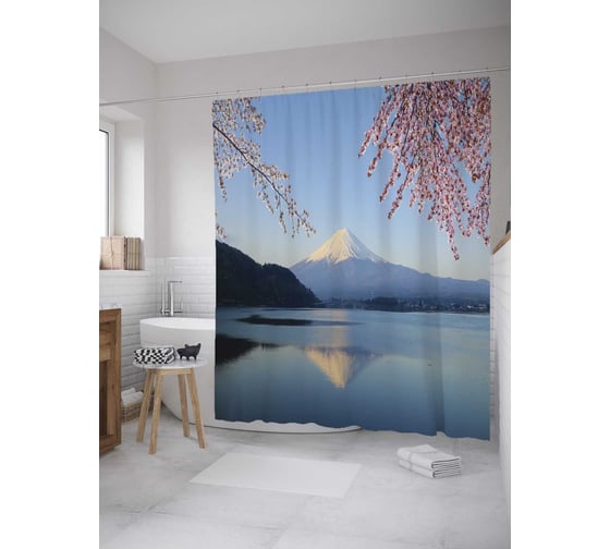 Штора (занавеска) для ванной JoyArty "Горная свежесть" из сатена, 180х200 см с крючками, sc_8295