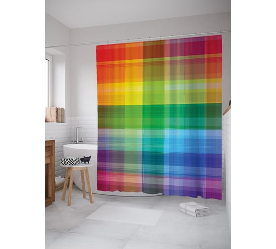 Штора (занавеска) для ванной JoyArty "Разноцветная клетка" из сатена, 180х200 см с крючками, sc_63037 1