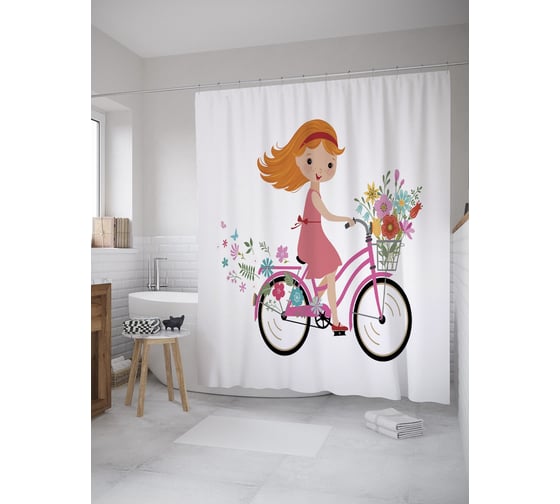 Штора (занавеска) для ванной JoyArty "На велосипеде с цветами" из сатена, 180х200 см с крючками, sc_61467 1