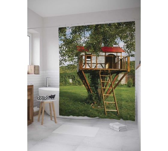 Штора (занавеска) для ванной JoyArty "Домик на дереве" из сатена, 180х200 см с крючками, sc_8145 1