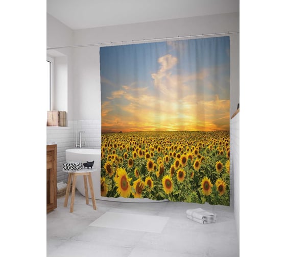 Штора (занавеска) для ванной JoyArty "Подсолнуховый край" из сатена, 180х200 см с крючками, sc_9866 1