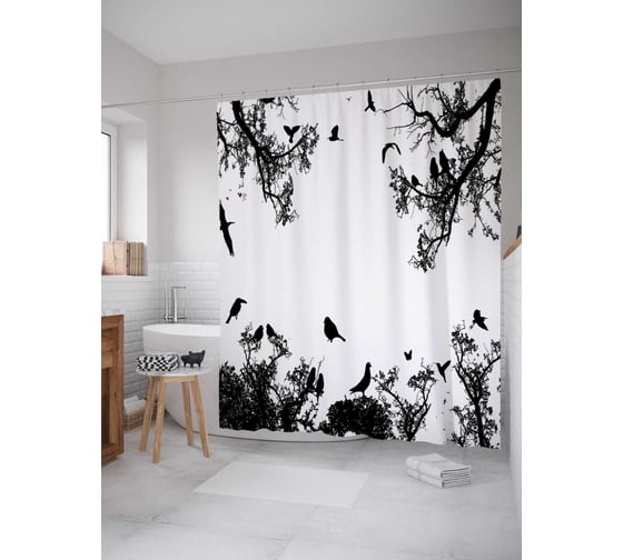 Штора (занавеска) для ванной JoyArty "Птичий лес" из сатена, 180х200 см с крючками, sc_6950 1