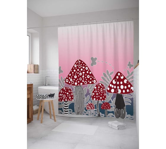 Штора (занавеска) для ванной JoyArty "Вредные грибы" из сатена, 180х200 см с крючками, sc_78555 1