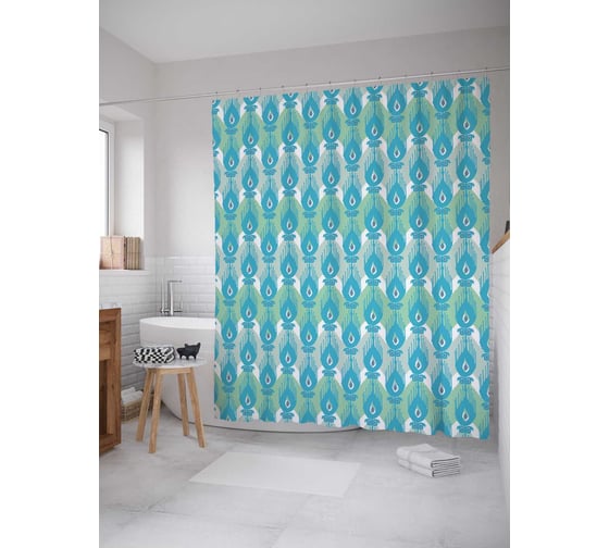 Штора (занавеска) для ванной JoyArty "Цветки на зигзагах" из сатена, 180х200 см с крючками, sc_4433 1